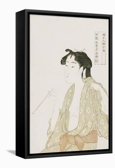 Half-Length Portrait of a Woman Smoking, Holding a Pipe and Exhaling a Cloud of Smoke-Kitagawa Utamaro-Framed Premier Image Canvas