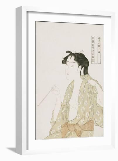 Half-Length Portrait of a Woman Smoking, Holding a Pipe and Exhaling a Cloud of Smoke-Kitagawa Utamaro-Framed Giclee Print