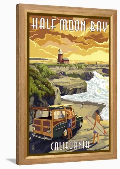 Half Moon Bay, California - Woody and Lighthouse-Lantern Press-Framed Stretched Canvas