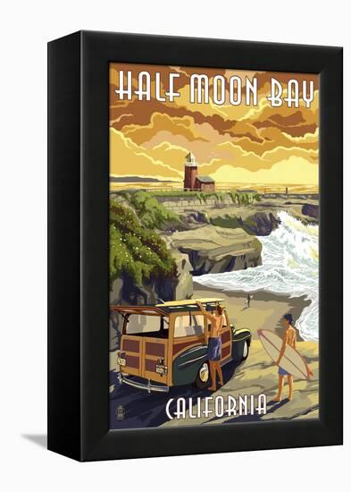 Half Moon Bay, California - Woody and Lighthouse-Lantern Press-Framed Stretched Canvas
