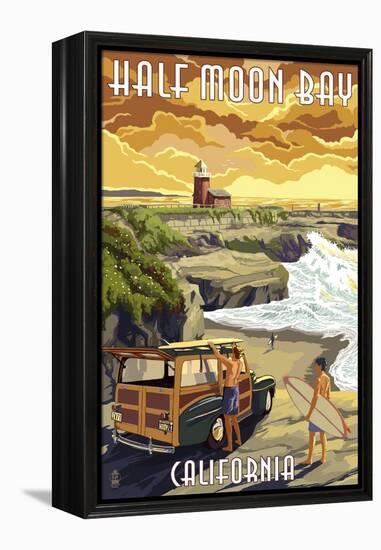 Half Moon Bay, California - Woody and Lighthouse-Lantern Press-Framed Stretched Canvas