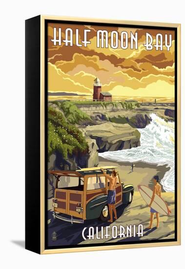 Half Moon Bay, California - Woody and Lighthouse-Lantern Press-Framed Stretched Canvas