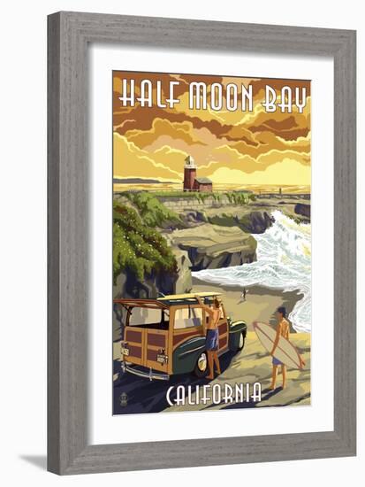 Half Moon Bay, California - Woody and Lighthouse-Lantern Press-Framed Art Print