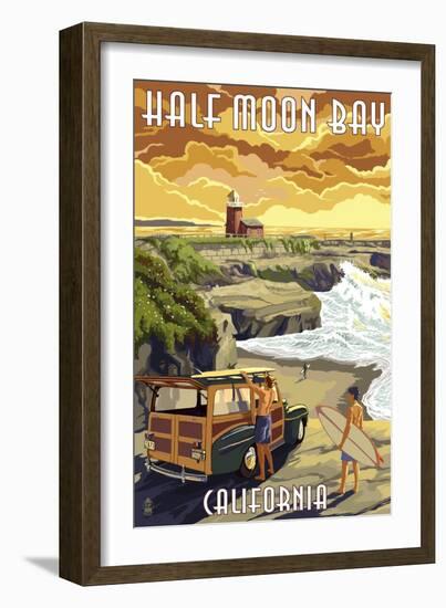 Half Moon Bay, California - Woody and Lighthouse-Lantern Press-Framed Art Print