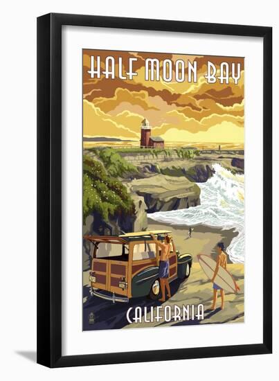 Half Moon Bay, California - Woody and Lighthouse-Lantern Press-Framed Art Print