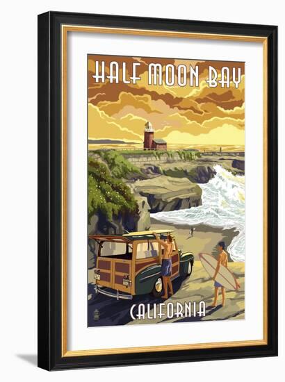 Half Moon Bay, California - Woody and Lighthouse-Lantern Press-Framed Art Print