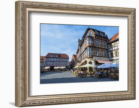 Half-Timbered Houses and Cafe on the Market Square, Wernigerode, Harz, Saxony-Anhalt, Germany-G & M Therin-Weise-Framed Photographic Print