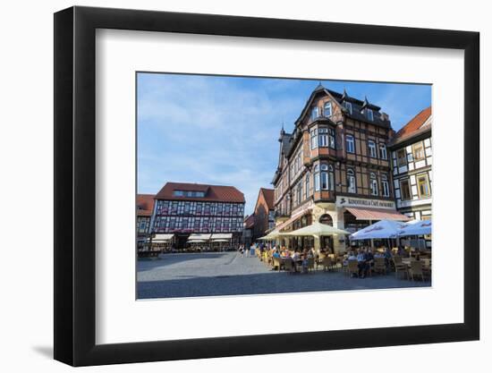 Half-Timbered Houses and Cafe on the Market Square, Wernigerode, Harz, Saxony-Anhalt, Germany-G & M Therin-Weise-Framed Photographic Print