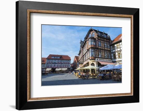 Half-Timbered Houses and Cafe on the Market Square, Wernigerode, Harz, Saxony-Anhalt, Germany-G & M Therin-Weise-Framed Photographic Print