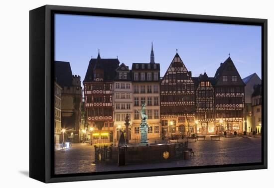 Half-timbered houses and Justitia Fountain at Roemerberg square, Frankfurt, Hesse, Germany, Europe-Markus Lange-Framed Premier Image Canvas