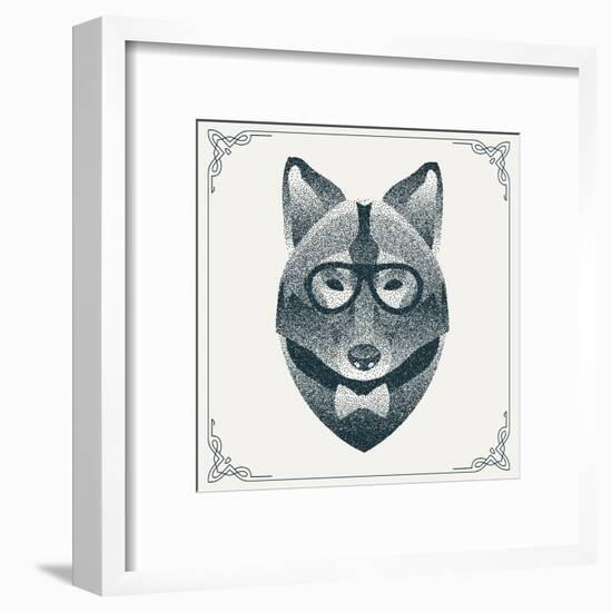 Halftone, Dotwork Hipster Wolf with Black Dots. Abstract Geometric Modern Hipster Character. Vector-Krol-Framed Art Print
