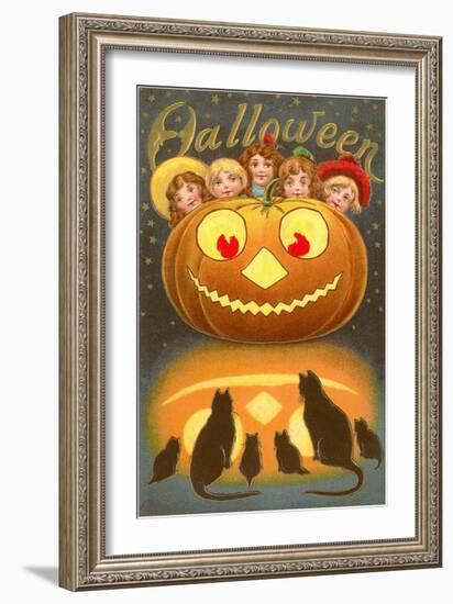 Halloween, Children behind Jack O'Lantern-null-Framed Art Print