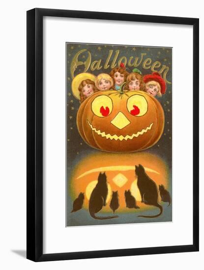 Halloween, Children behind Jack O'Lantern-null-Framed Art Print