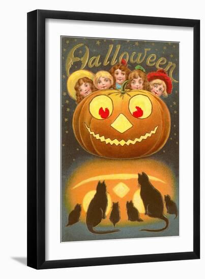 Halloween, Children behind Jack O'Lantern-null-Framed Art Print