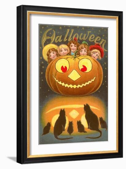 Halloween, Children behind Jack O'Lantern-null-Framed Art Print