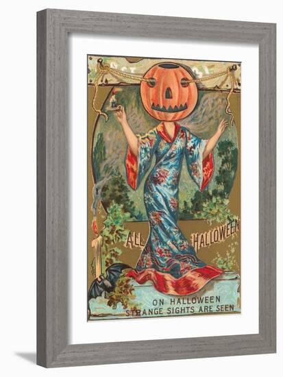 Halloween, Geisha with Jack O'Lantern Head-null-Framed Art Print