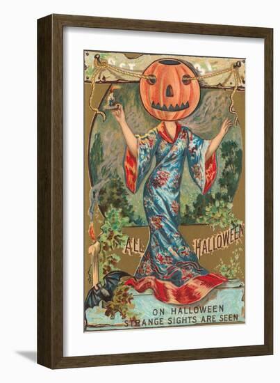 Halloween, Geisha with Jack O'Lantern Head-null-Framed Art Print