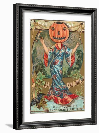 Halloween, Geisha with Jack O'Lantern Head-null-Framed Art Print