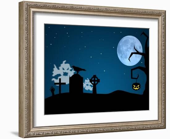 Halloween Ghosts in Graveyard-SorayaShan-Framed Art Print