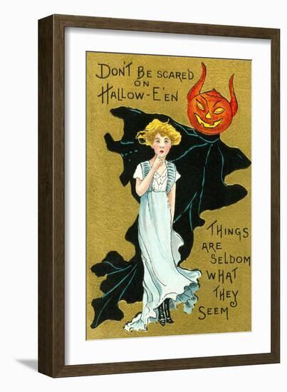 Halloween, Girl and Jack O'Lantern Goblin-null-Framed Art Print