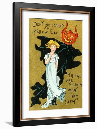 Halloween, Girl and Jack O'Lantern Goblin-null-Framed Art Print