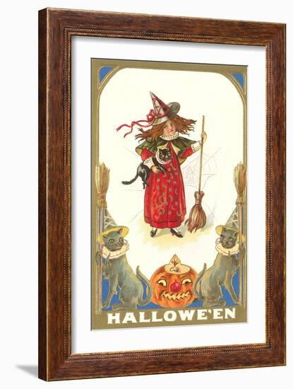 Halloween, Girl Witch with Cats-null-Framed Art Print