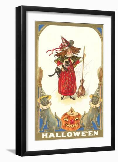 Halloween, Girl Witch with Cats-null-Framed Art Print