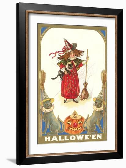 Halloween, Girl Witch with Cats-null-Framed Art Print