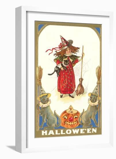 Halloween, Girl Witch with Cats-null-Framed Art Print