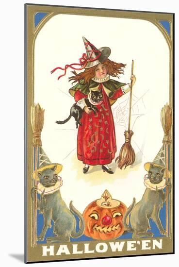 Halloween, Girl Witch with Cats-null-Mounted Art Print