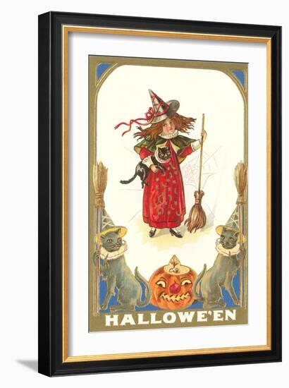 Halloween, Girl Witch with Cats-null-Framed Art Print