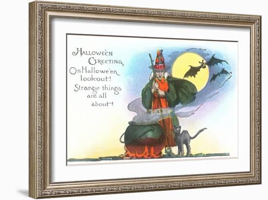 Halloween Greeting, Witch and Bats-null-Framed Art Print