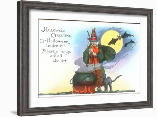 Halloween Greeting, Witch and Bats-null-Framed Art Print