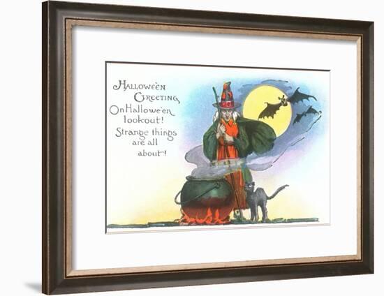 Halloween Greeting, Witch and Bats-null-Framed Art Print