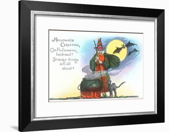 Halloween Greeting, Witch and Bats-null-Framed Art Print