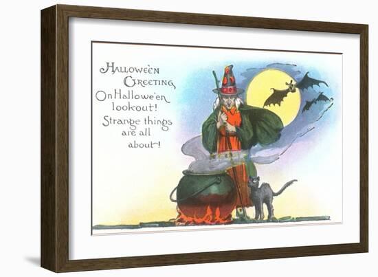 Halloween Greeting, Witch and Bats-null-Framed Art Print