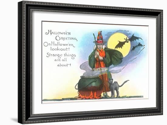 Halloween Greeting, Witch and Bats--Framed Art Print