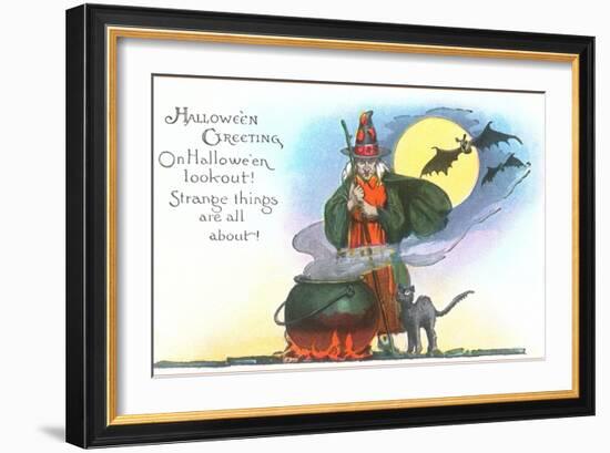 Halloween Greeting, Witch and Bats-null-Framed Art Print