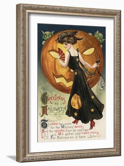 Halloween Greeting - Witch Dancing and Pumpkin-Lantern Press-Framed Art Print