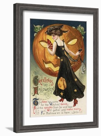 Halloween Greeting - Witch Dancing and Pumpkin-Lantern Press-Framed Art Print