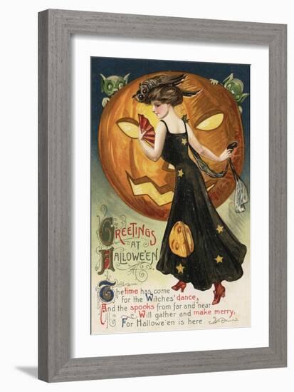 Halloween Greeting - Witch Dancing and Pumpkin-Lantern Press-Framed Art Print