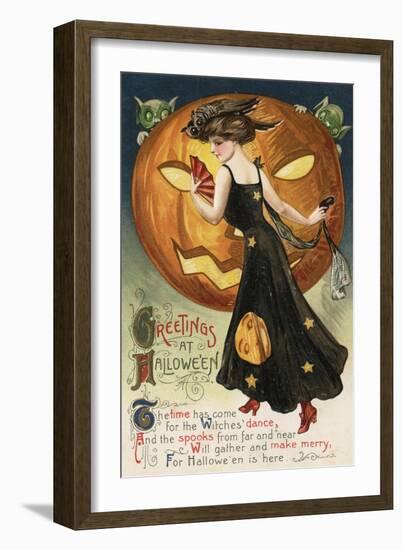 Halloween Greeting - Witch Dancing and Pumpkin-Lantern Press-Framed Art Print