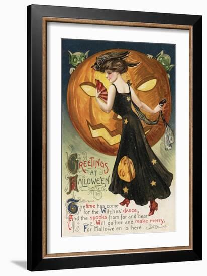 Halloween Greeting - Witch Dancing and Pumpkin-Lantern Press-Framed Art Print