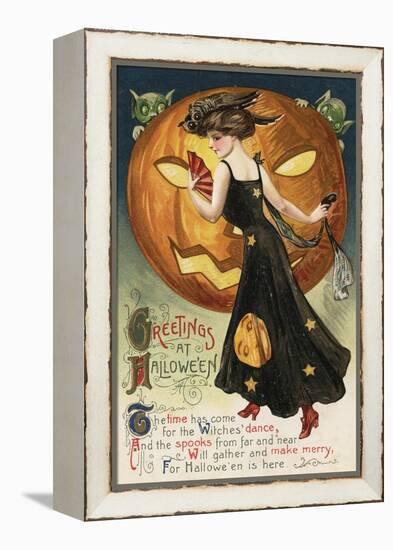 Halloween Greeting - Witch Dancing and Pumpkin-Lantern Press-Framed Stretched Canvas