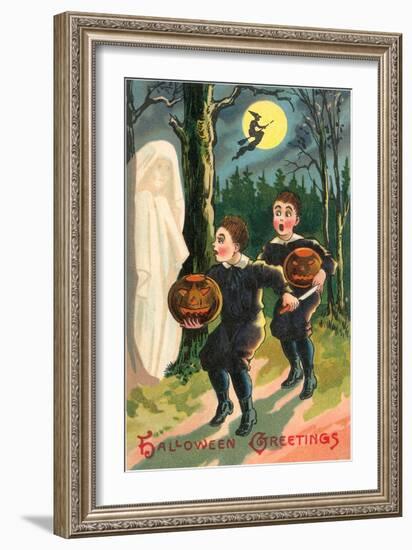 Halloween Greetings, Children with Ghost-null-Framed Art Print