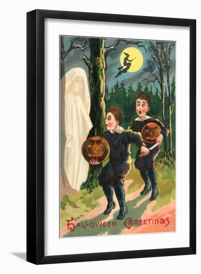 Halloween Greetings, Children with Ghost-null-Framed Art Print