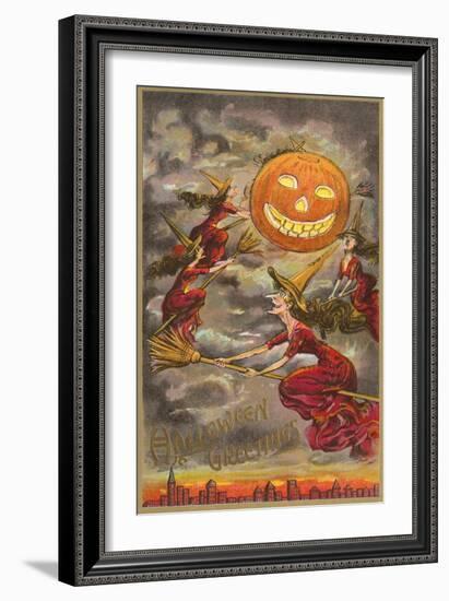 Halloween Greetings, Witches and Jack O'Lantern-null-Framed Art Print