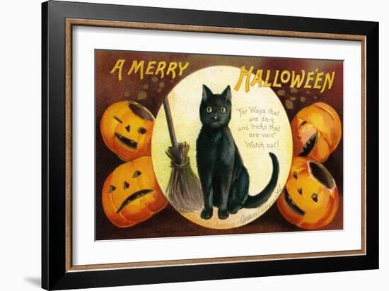 Halloween Greetings with Black Cat and Carved Pumpkins, 1909-Ellen Hattie Clapsaddle-Framed Giclee Print
