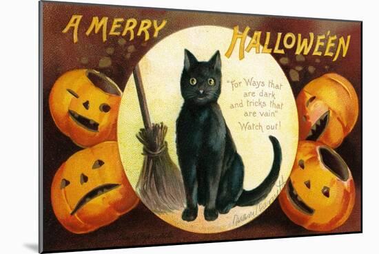 Halloween Greetings with Black Cat and Carved Pumpkins, 1909-Ellen Hattie Clapsaddle-Mounted Giclee Print