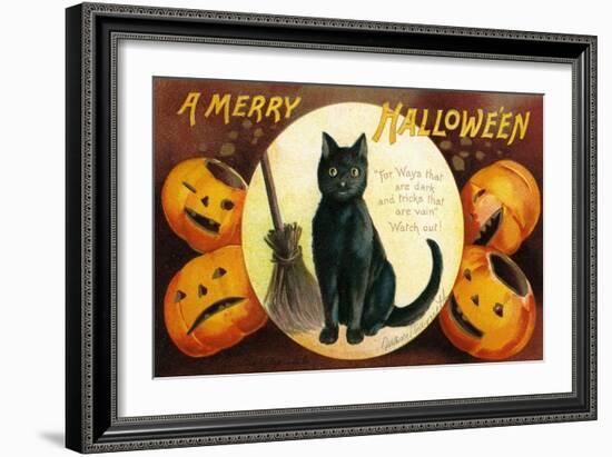 Halloween Greetings with Black Cat and Carved Pumpkins, 1909-Ellen Hattie Clapsaddle-Framed Giclee Print